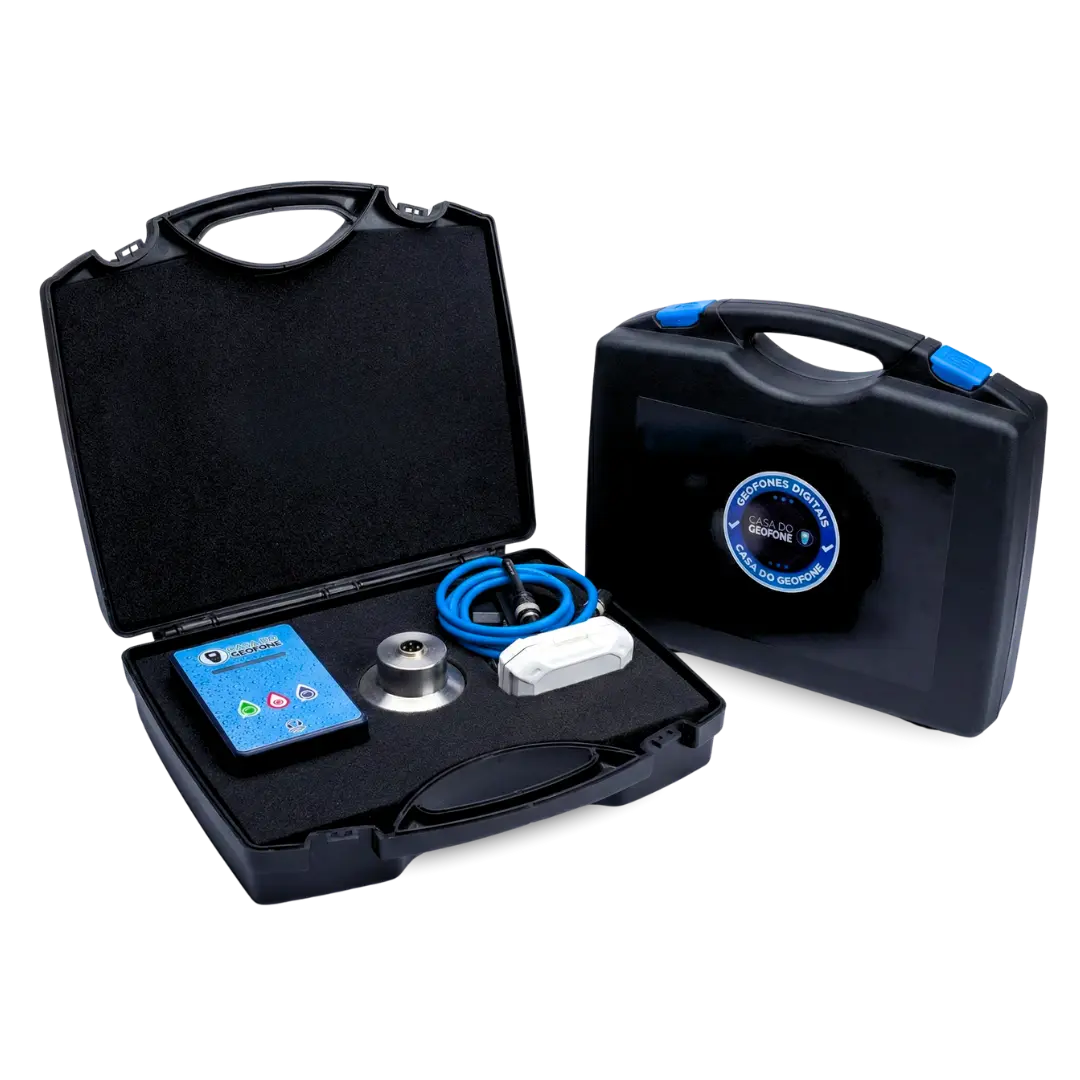 Geofone Digital CGCV Blue 2025 na maleta de transporte, equipamento profissional para localização de vazamentos por métodos não destrutivos.